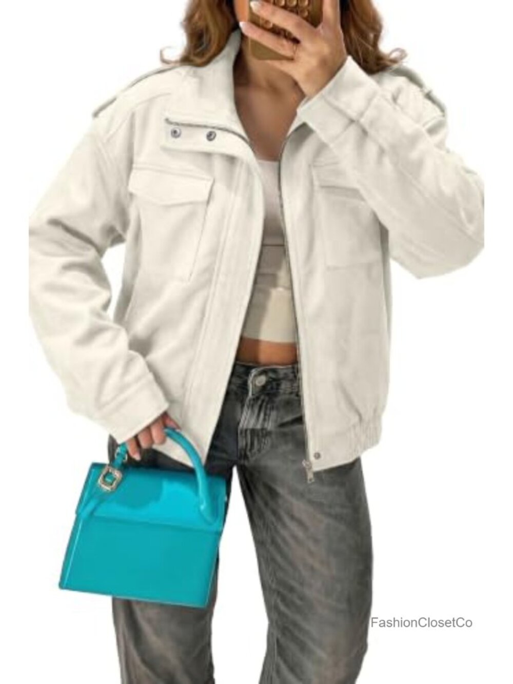 Faux Suede Bomber Jacket Cropped Long Sleeve Lightweight Casual Zip Up